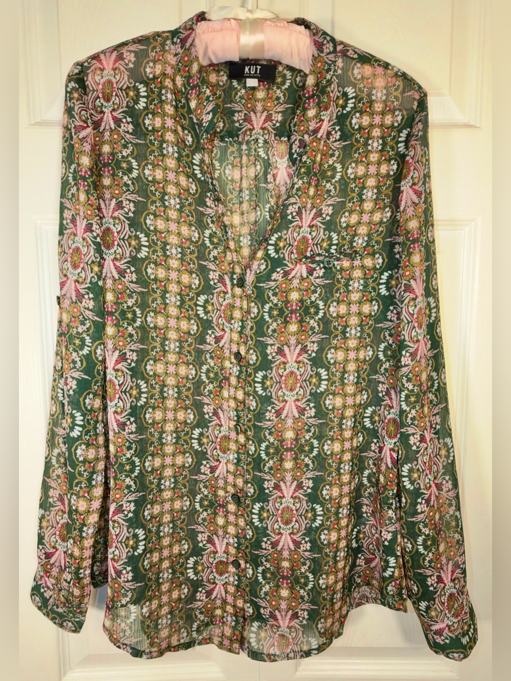 KUT From The Kloth Floral Button Down Sheer Blouse Roll Tab Sleeve Small